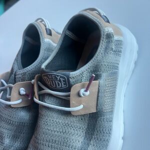 Hey Dude Light Gray and Tan Slip-On Shoes- men’s size 7, women’s size 9
